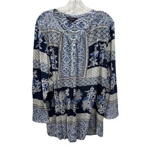 LUCKY BRAND Women’s Plus Size 3X Blue Printed Floral Bohemian Peasant Top Comfy